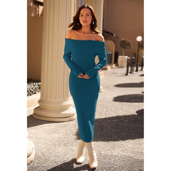 Merokeety Women's Teal Off Shoulder Long Sleeve Elegant Bodycon Midi Dress - Picture 9 of 9